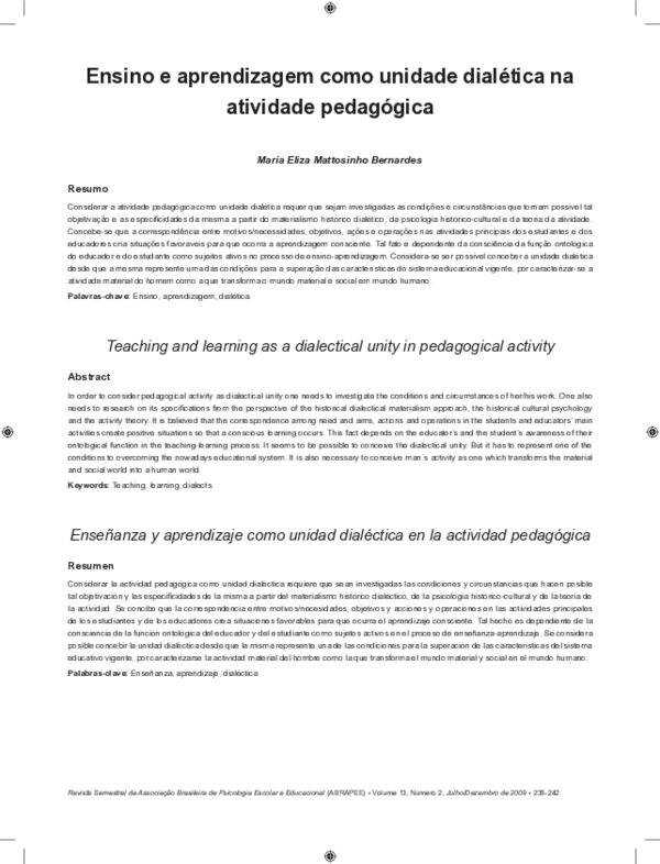 (PDF) Teaching and learning as a dialectical unity in pedagogical activity