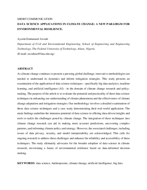(PDF) DATA SCIENCE APPLICATIONS IN CLIMATE CHANGE: A NEW PARADIGM FOR ...