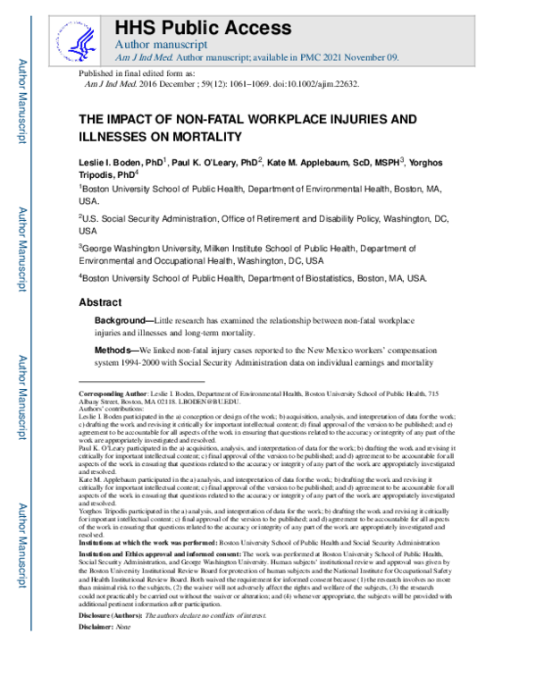 (PDF) The impact of non-fatal workplace injuries and illnesses on mortality
