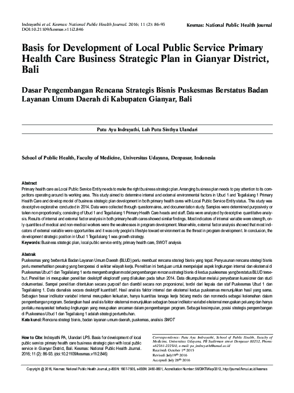 (PDF) Basis for Development of Business Strategic Plan Primary Health ...