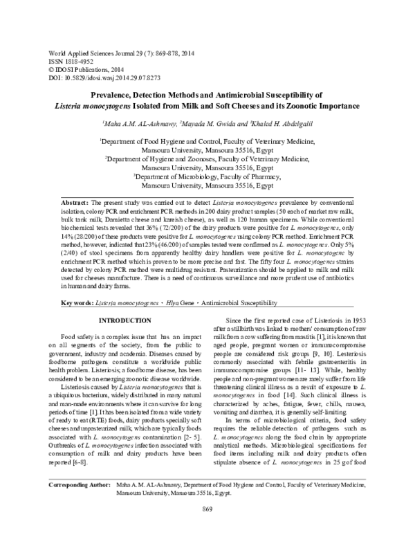 (PDF) Prevalence, Detection Methods and Antimicrobial Susceptibility of ...