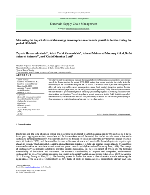 (PDF) Measuring the impact of renewable energy consumption on economic ...