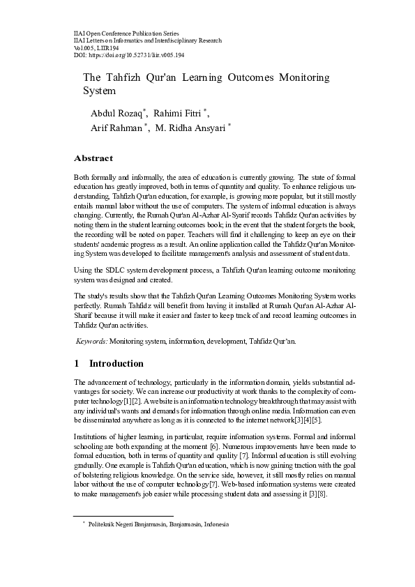 (PDF) The Tahfizh Qur'an Learning Outcomes Monitoring System