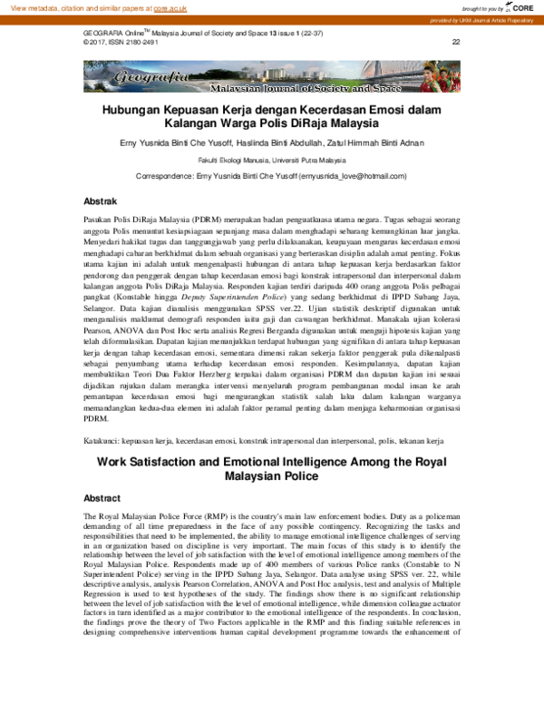 (PDF) Hubungan kepuasan kerja dengan kecerdasan emosi dalamkalangan ...