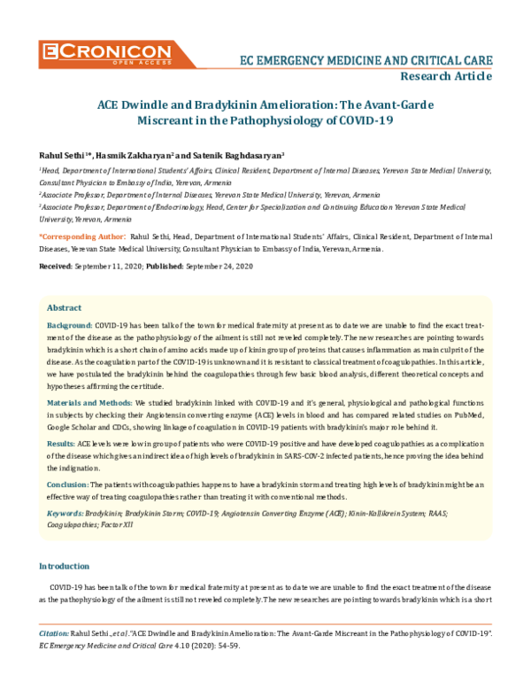 (PDF) ACE Dwindle and Bradykinin Amelioration: The Avant-GardeMiscreant ...