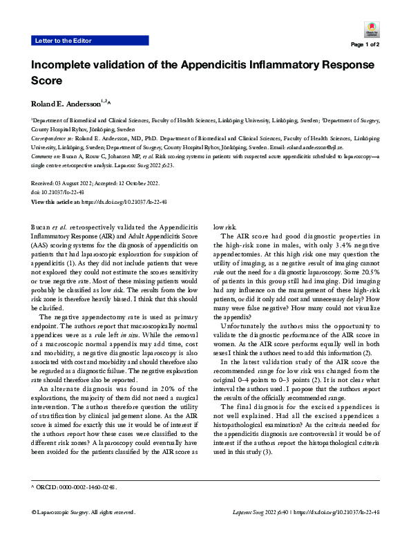 (PDF) Incomplete validation of the Appendicitis Inflammatory Response Score