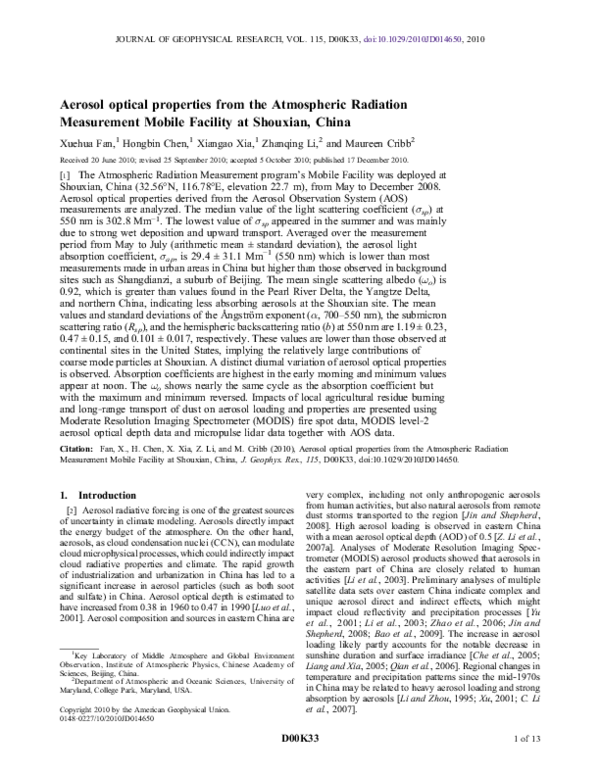 (PDF) Aerosol optical properties from the Atmospheric Radiation ...