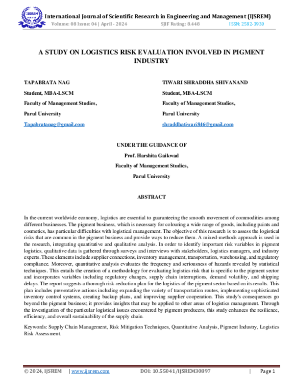 (PDF) A Study on Logistics Risk Evaluation Involved in Pigment Industry
