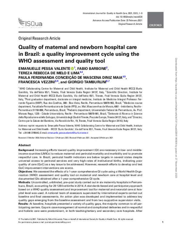 (PDF) Quality of maternal and newborn hospital care in Brazil: a ...