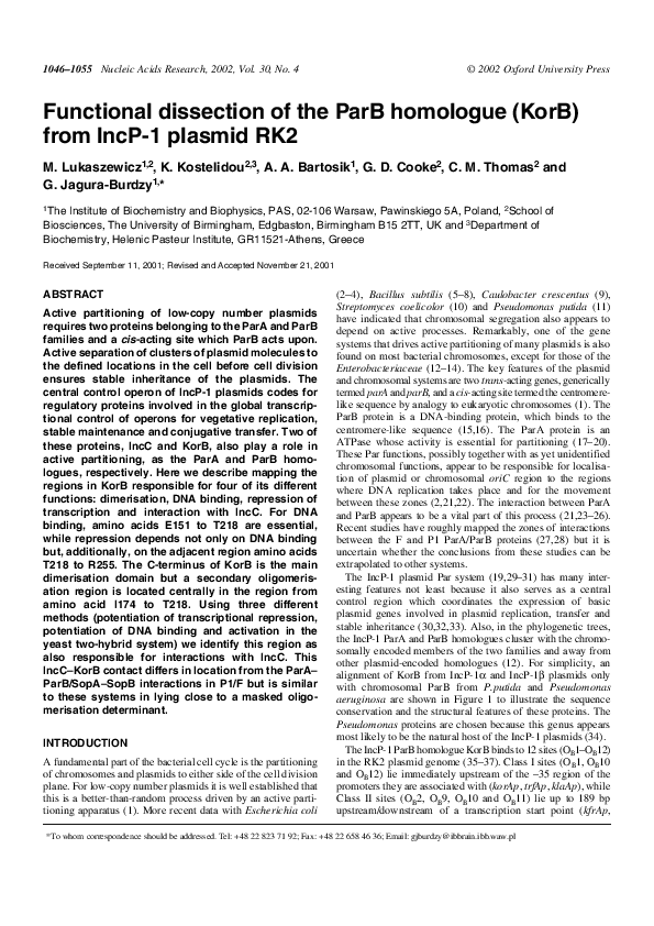 (PDF) Functional dissection of the ParB homologue (KorB) from IncP-1 ...