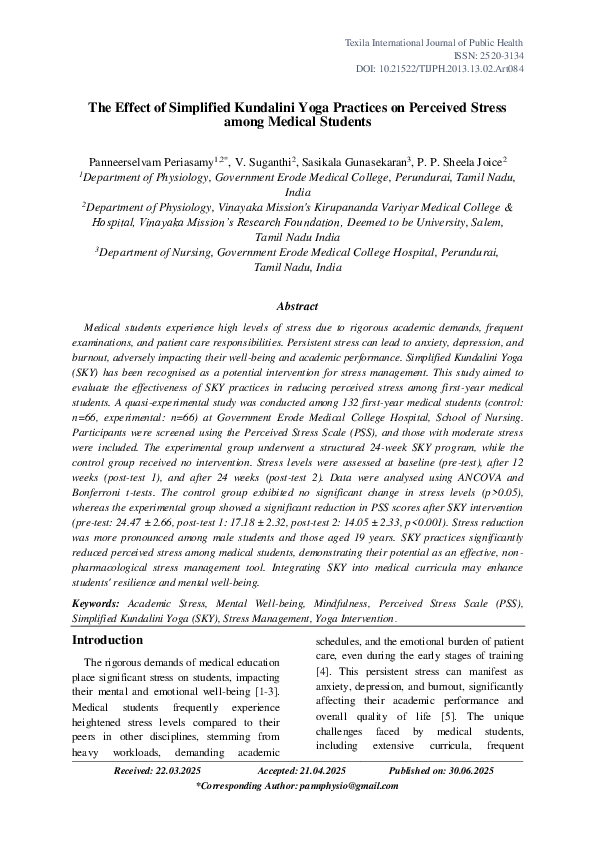 (PDF) The Effect of Simplified Kundalini Yoga Practices on Perceived ...