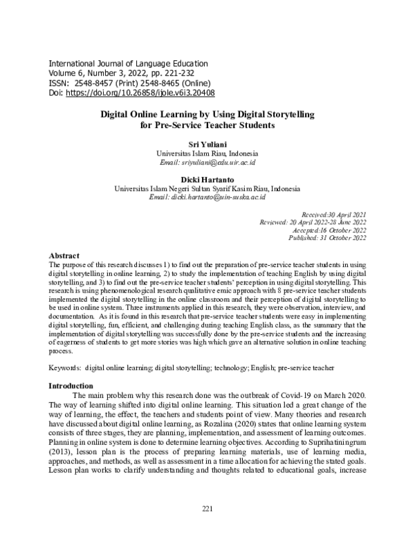 (PDF) Digital online Learning by Using Digital Storytelling for Pre ...