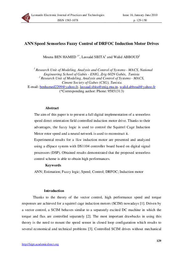 (PDF) ANN Speed Sensorless Fuzzy Control of DRFOC Induction Motor Drives