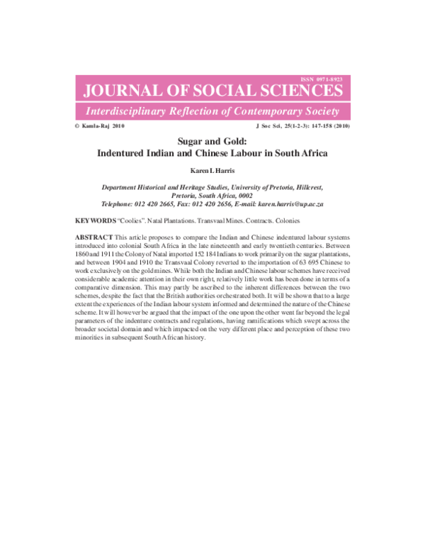 (PDF) Sugar and Gold: Indentured Indian and Chinese Labour in South Africa