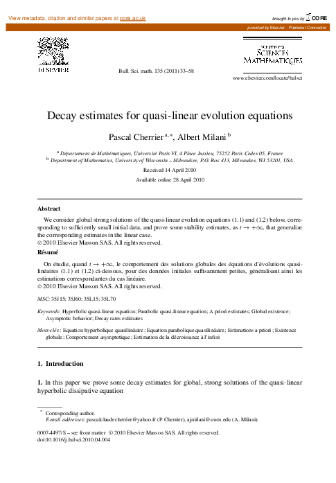 (PDF) Decay estimates for quasi-linear evolution equations