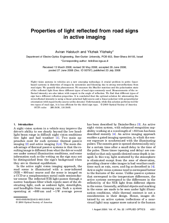 (PDF) Properties of light reflected from road signs in active imaging