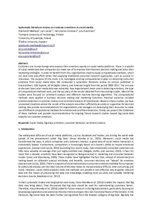 (PDF) Systematic Literature Review on Customer Emotions in Social Media