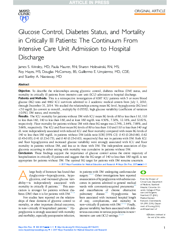 (PDF) Glucose Control, Diabetes Status, and Mortality in Critically Ill ...