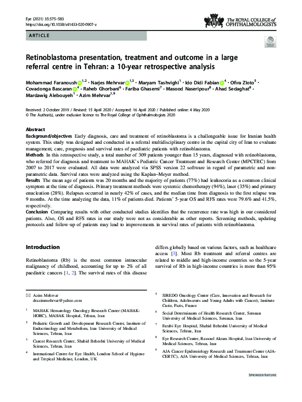 (PDF) Retinoblastoma presentation, treatment and outcome in a large ...