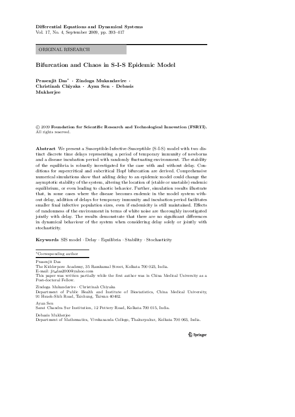 (PDF) Bifurcation and chaos in S-I-S epidemic model