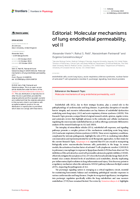 (PDF) Editorial: Molecular mechanisms of lung endothelial permeability ...