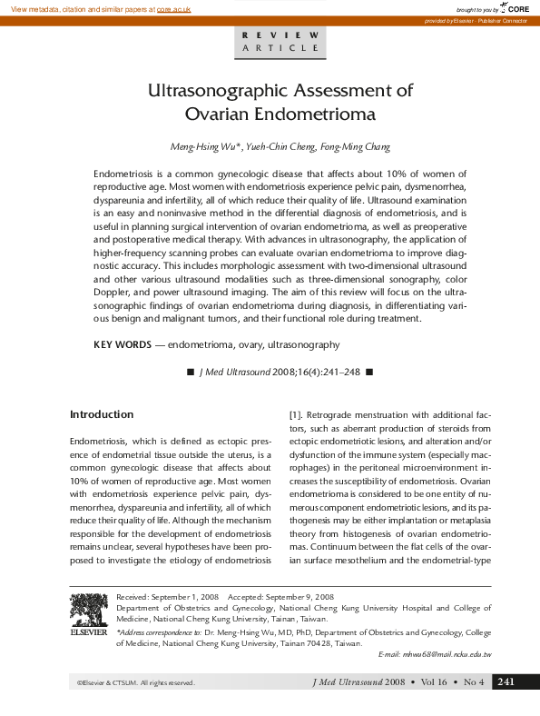 (PDF) Ultrasonographic Assessment of Ovarian Endometrioma