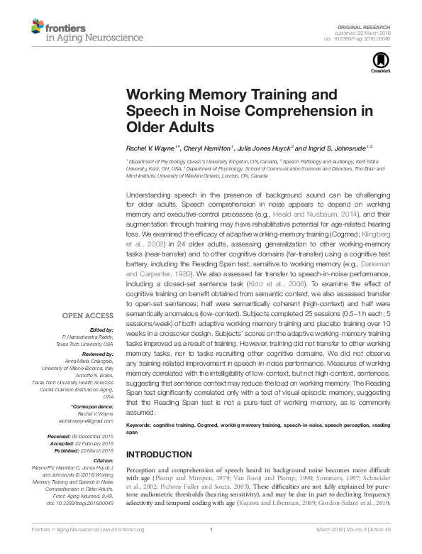(PDF) Working Memory Training and Speech in Noise Comprehension in ...