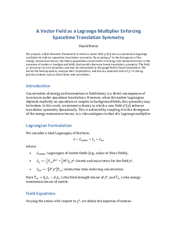 (PDF) A Vector Field as a Lagrange Multiplier Enforcing Spacetime ...