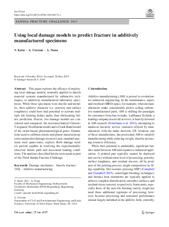 (PDF) Using local damage models to predict fracture in additively ...
