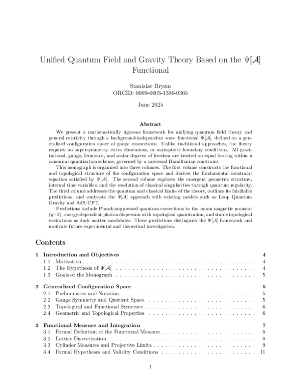 (PDF) Unified Quantum Field and Gravity Theory Based on the Ψ[A] Functional