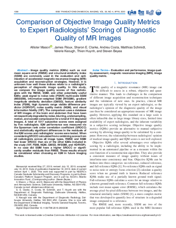 (PDF) Comparison of Objective Image Quality Metrics to Expert ...