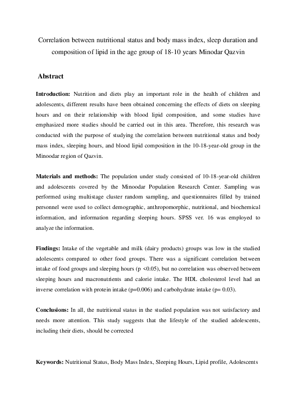 (PDF) Correlation between nutritional status and body mass index, sleep ...
