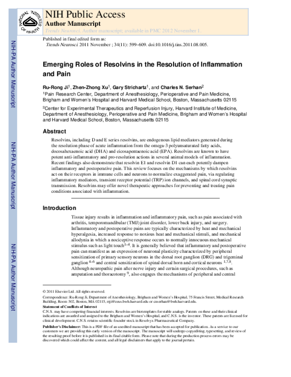 (PDF) Emerging roles of resolvins in the resolution of inflammation and ...