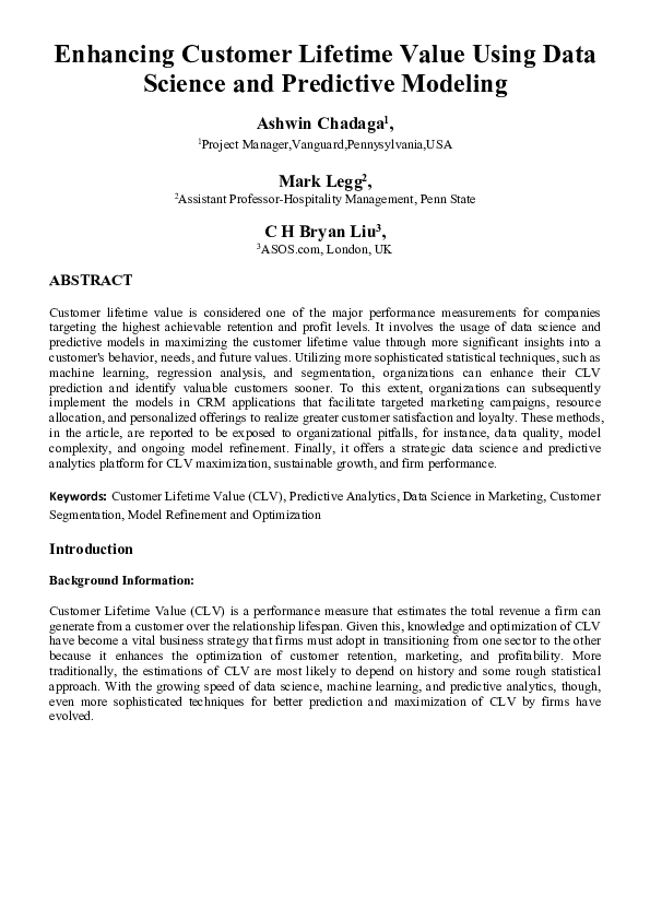 (PDF) Enhancing Customer Lifetime Value Using Data Science and ...