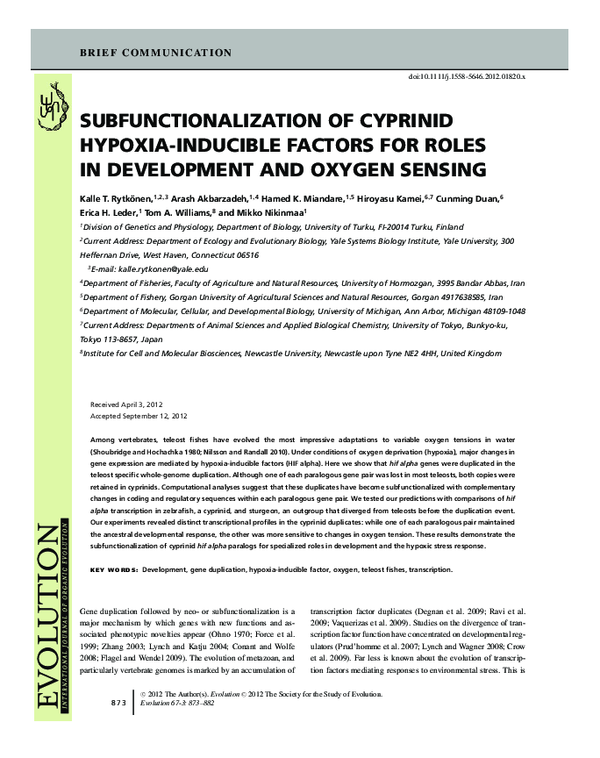 (PDF) Subfunctionalization of Cyprinid Hypoxia-Inducible Factors for ...
