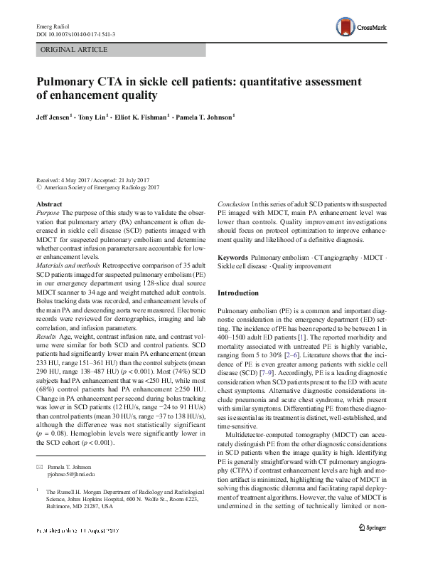 (PDF) Pulmonary CTA in sickle cell patients: quantitative assessment of ...