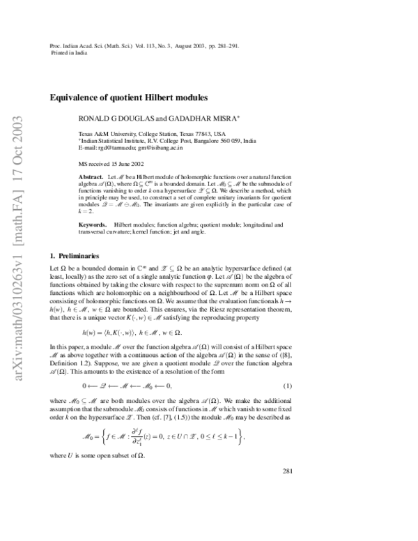 (PDF) Equivalence of quotient Hilbert modules