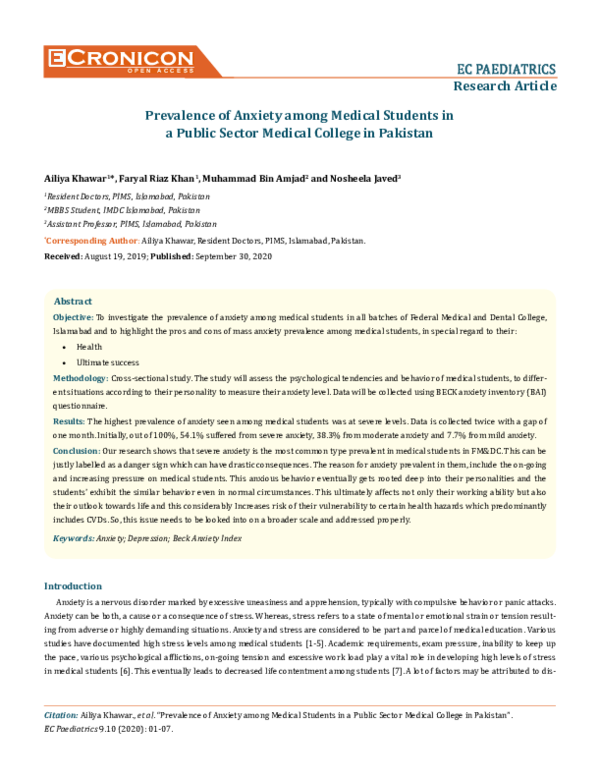 (PDF) Prevalence of Anxiety among Medical Students in a Public Sector ...