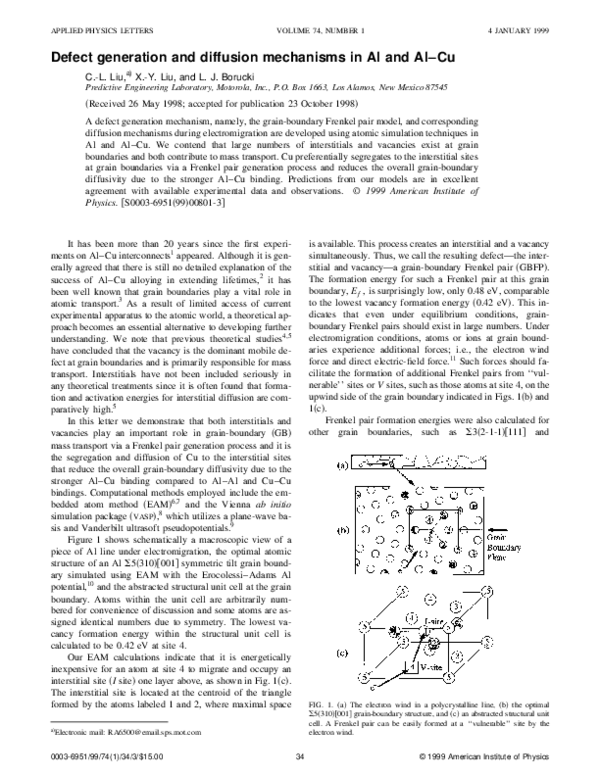 (PDF) Defect generation and diffusion mechanisms in Al and Al–Cu