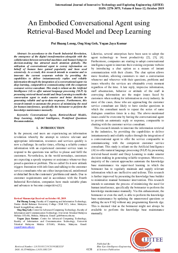 (PDF) An Embodied Conversational Agent using Retrieval-Based Model and ...