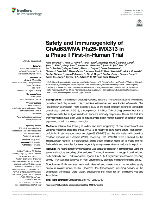 (PDF) Safety and Immunogenicity of ChAd63/MVA Pfs25-IMX313 in a Phase I ...