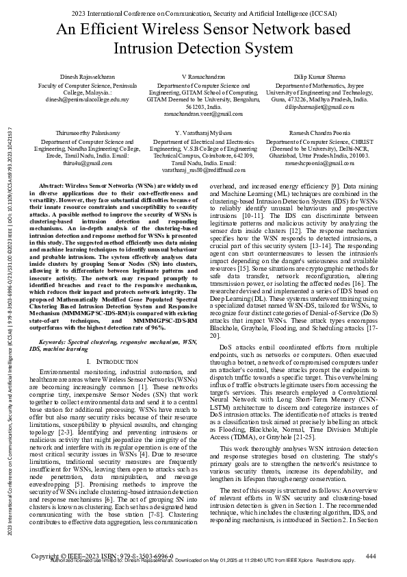 (PDF) An Efficient Wireless Sensor Network based Intrusion Detection System