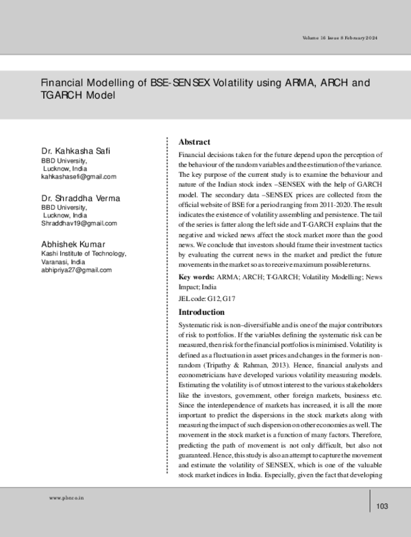 (PDF) Financial Modelling of BSE-SENSEX Volatility using ARMA, ARCH and ...