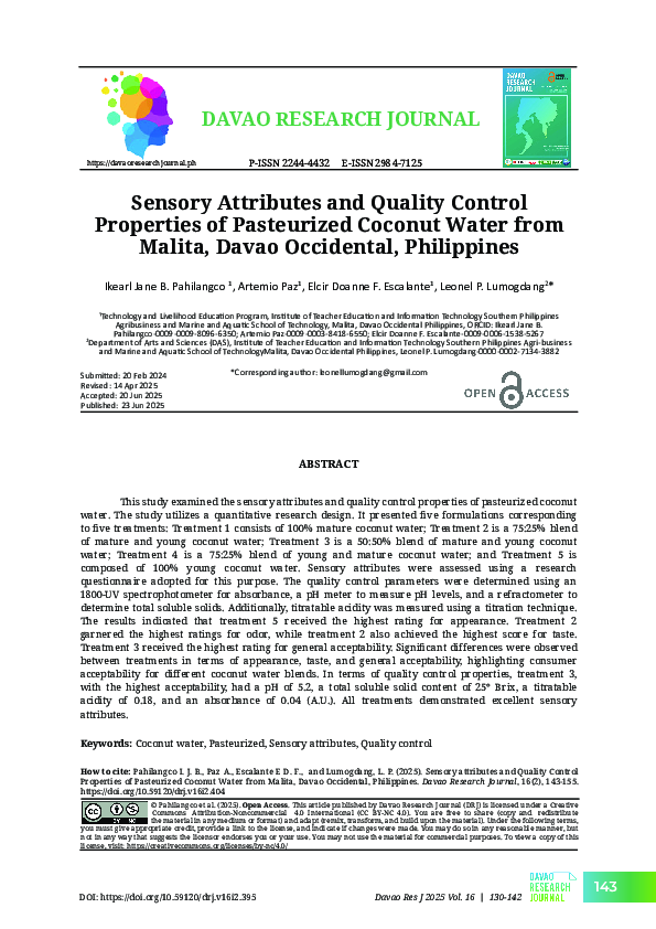 (PDF) Sensory Attributes and Quality Control Properties of Pasteurized ...