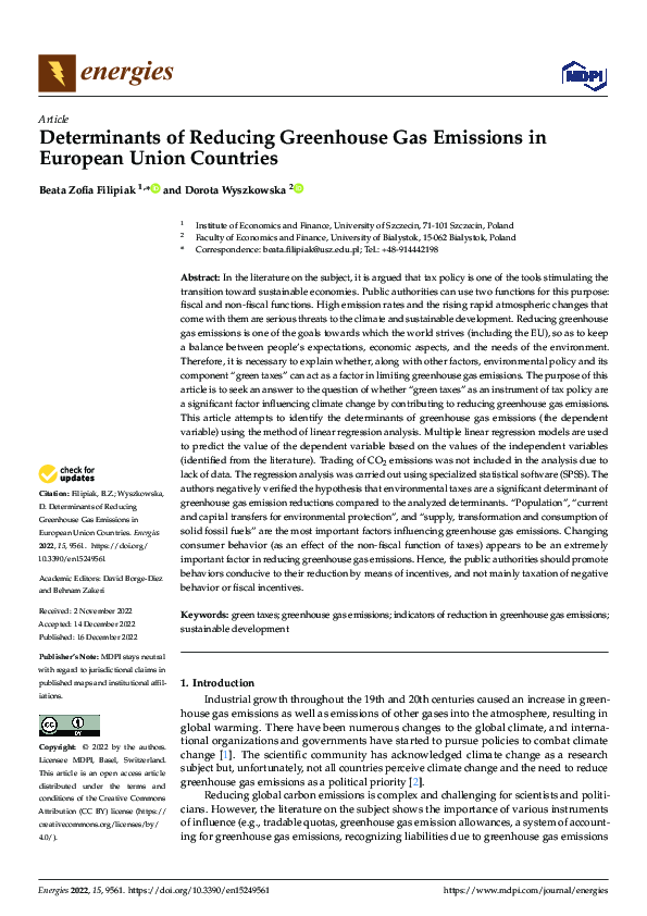(PDF) Determinants of Reducing Greenhouse Gas Emissions in European ...