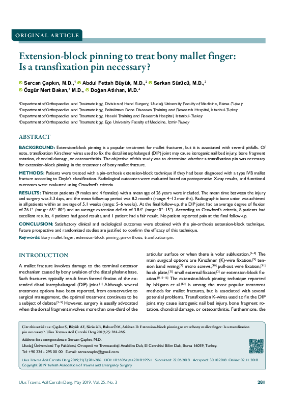 (PDF) Extension-block pinning to treat bony mallet finger: is a ...