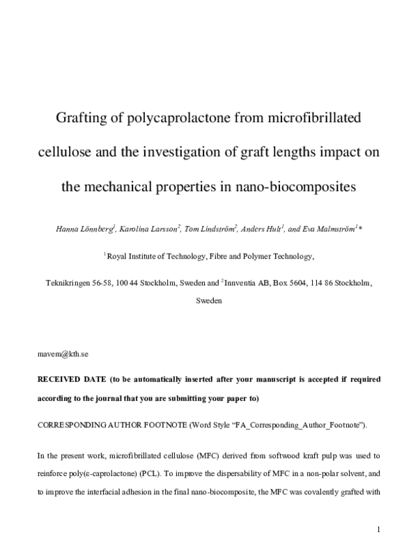 (PDF) Grafting of polycaprolactone from microfibrillated cellulose and ...