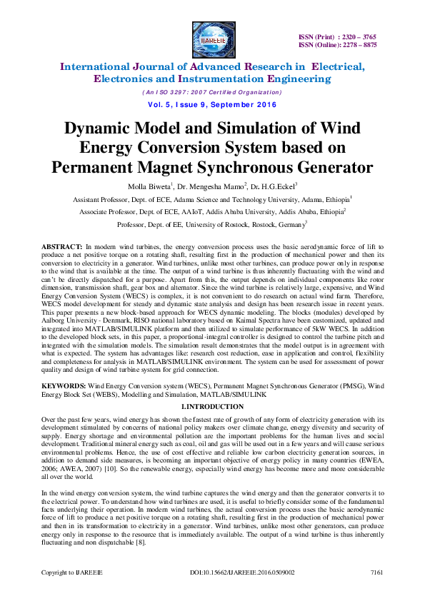 (PDF) Dynamic Model and Simulation of Wind Energy Conversion System ...