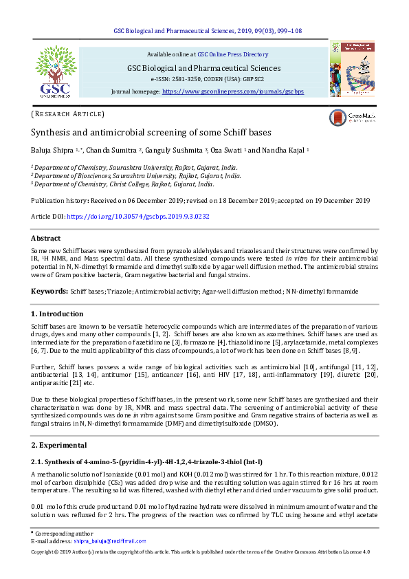 (PDF) Synthesis and antimicrobial screening of some Schiff bases