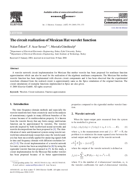 (PDF) The circuit realization of Mexican Hat wavelet function